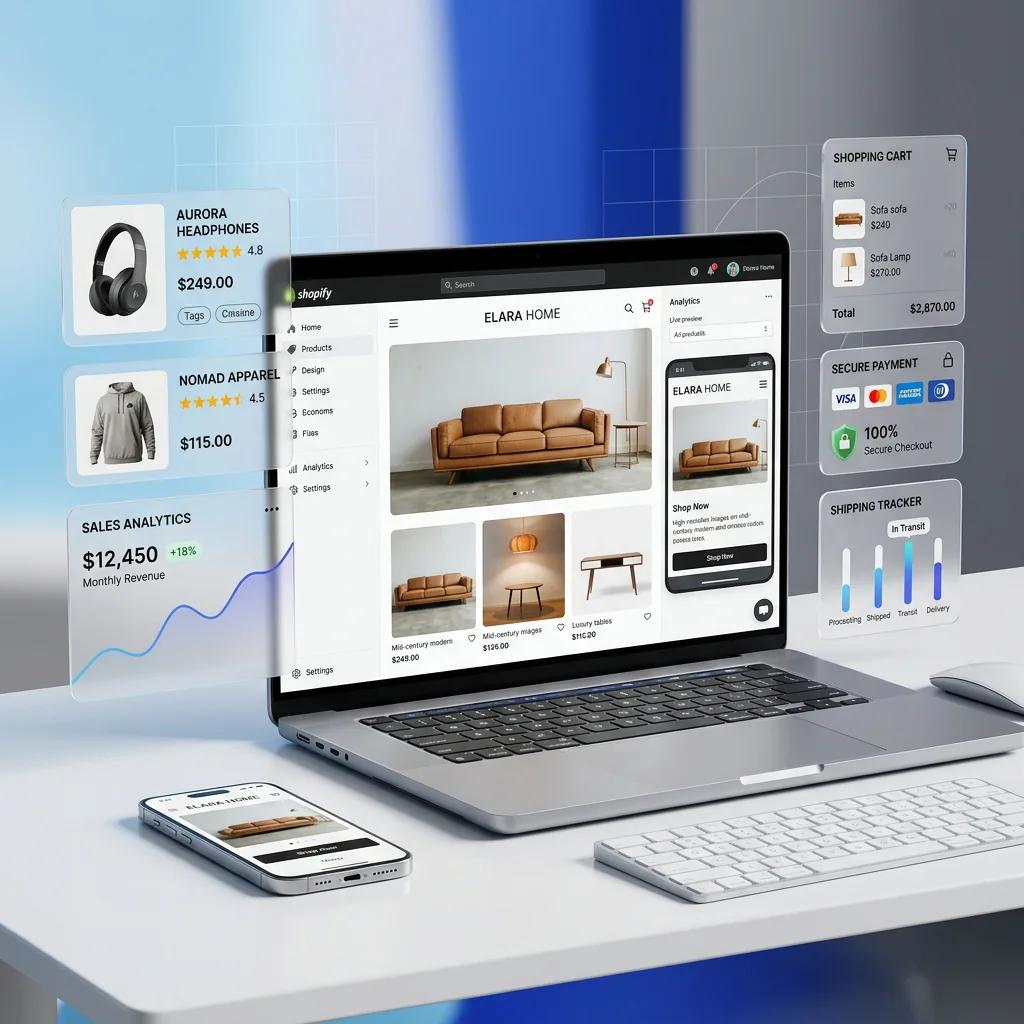 Pantalla de administración de Shopify junto al desarrollo de una tienda online